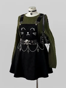Sunspun Plus Size Women's Casual Punk Halloween Corduroy Overall Dress Fall - Black - View 4