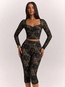 SHEIN BAE Autumn/Winter Solid Color Square Neck Long Sleeve Women's Lace Top & Lace Pants 2 Pieces Set, Elegant Outfit - Black - View 3
