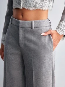 Willow Rêve Women's Gray Wool Blend Loose Straight Leg Pants With Lace Hem - Grey - View 5
