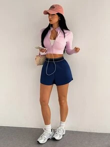 SHEIN Dewbera Women's Fashion Versatile Solid Color Asymmetrical Side Athletic Shorts - Navy Blue - View 6