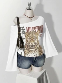 SHEIN ICON 大尺碼印花白色不對稱單肩T恤 秋季 - 彩色 - 查看 1