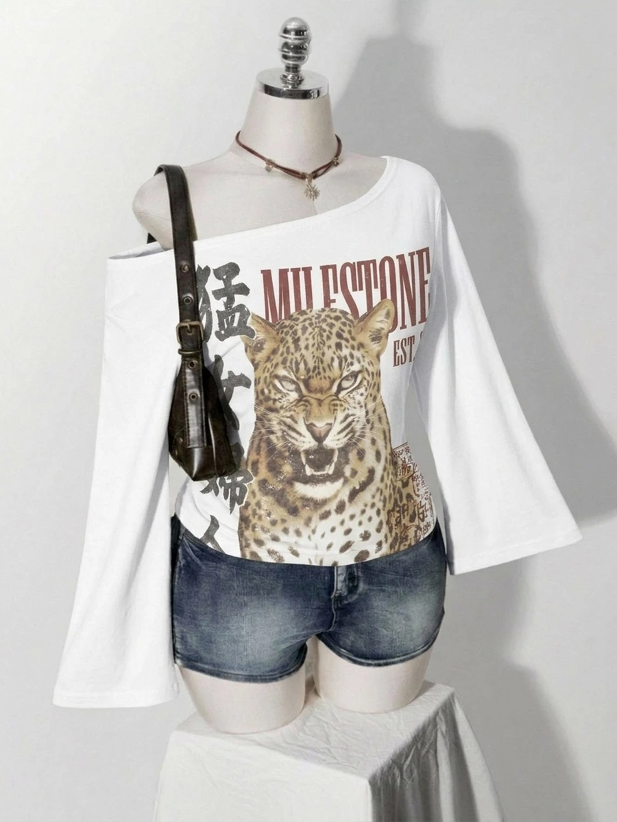 SHEIN ICON 大尺碼印花白色不對稱單肩T恤 秋季 - 彩色 - 查看 1