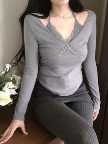 DAZY Women's 2 In 1 Long Sleeve Comfortable Spring/Autumn Korean Style T-Shirt - Grey - View 1