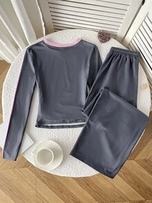 SHEIN 青少年女孩 T-Shirt 套裝 秋冬/春季休閒日常街頭風 配色蝴蝶結條紋印花圓領長袖 T-Shirt 與鬆緊抽繩運動長褲套裝，日常穿搭 - 灰色 - 查看 4