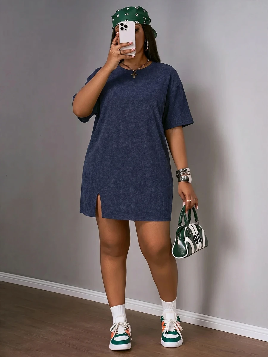 Slaydiva Plus Size Early Spring Vacation Casual Pink Side Slit Drop Shoulder Short Sleeve Dress - Navy Blue - View 1