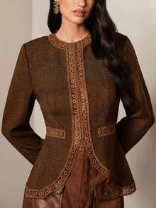 BELROSIE Women's Autumn/Winter Brown Round Neck Lace Trim Waist-Cinching Blazer - Brown - View 1