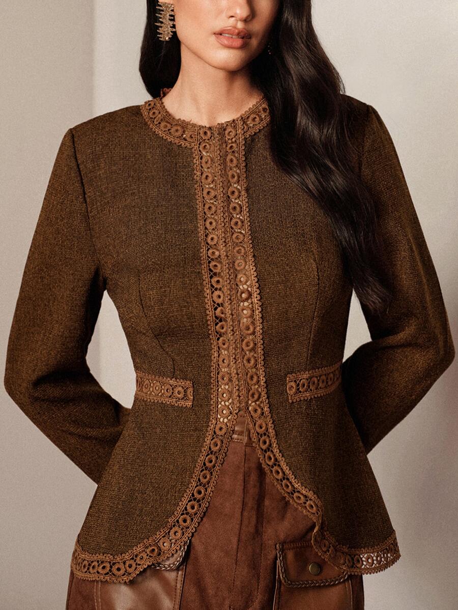 BELROSIE Women's Autumn/Winter Brown Round Neck Lace Trim Waist-Cinching Blazer - Brown - View 1