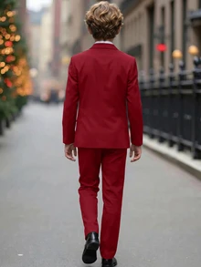 SHEIN 2pcs/Set Kids Tween Boy Summer Casual Academy Cute Gentleman Outfit Solid Color Blazer & Elastic Waist Formal Pants Set Suitable For Birthday Party, Evening Event, Performance, Wedding - Red - View 5