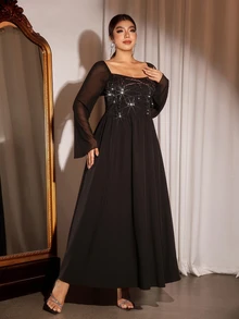 Cravure Plus Size Women Elegant Party Banquet Sequin Long Sleeve Dress - Black - View 5