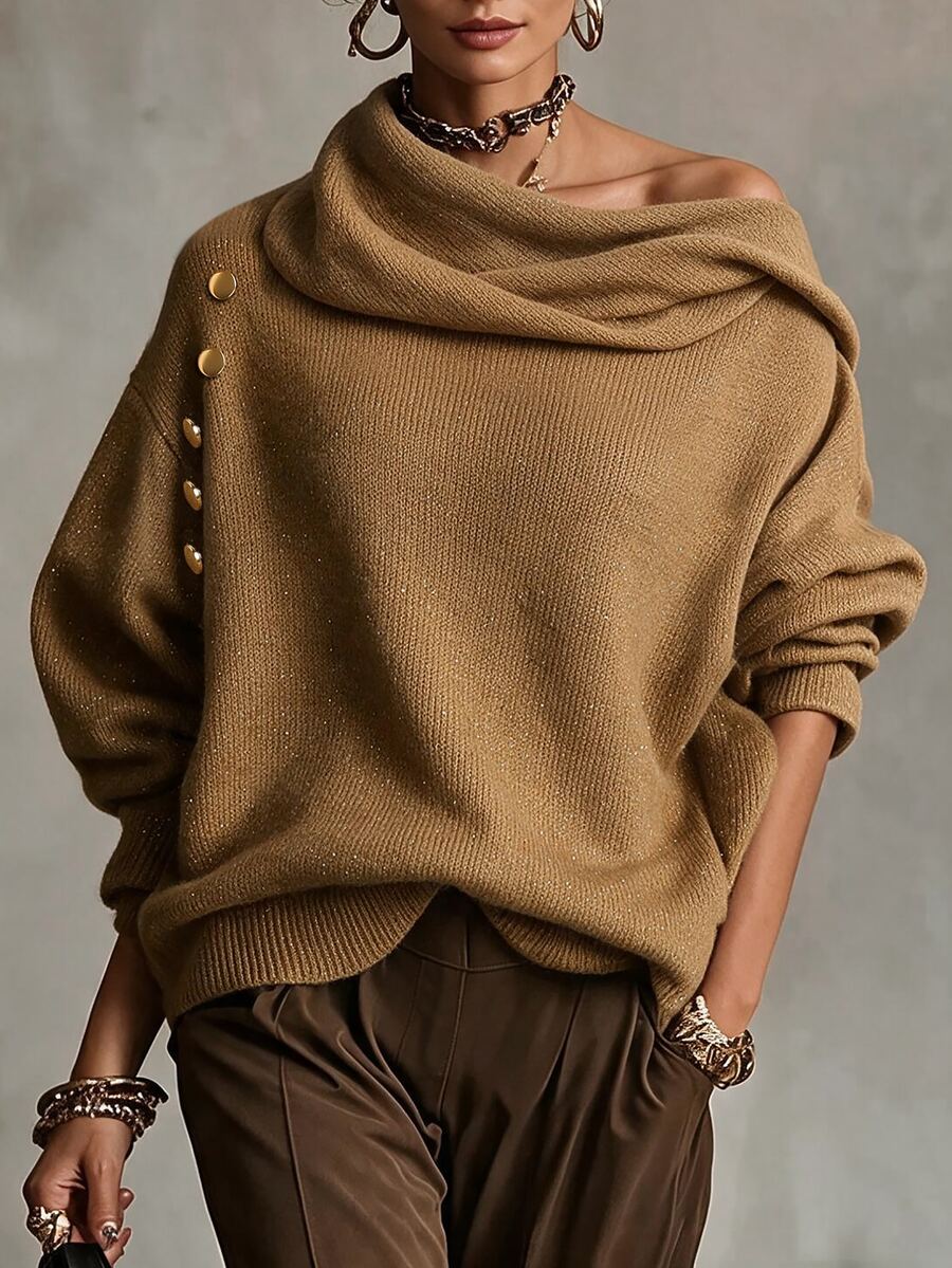 Breezaya Women's Button Decor Asymmetrical Shoulder Pullover Sweater, Sexy Style - Bronze - View 1