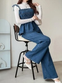 FRIFUL Women's Pleated Camisole Top And Long Pants Casual Cute Daily Date Denim Set Everyday Going Out Blue Summer - Blue - View 4