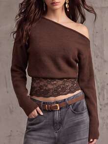 Autumina Women's Lace Patchwork Asymmetrical Shoulder Long Sleeve Sweater For Daily Wear - Coffee Brown - View 5