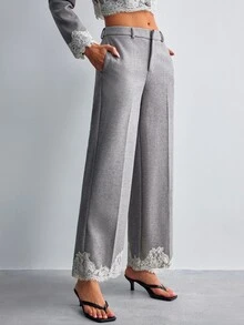 Willow Rêve Women's Gray Wool Blend Loose Straight Leg Pants With Lace Hem - Grey - View 1