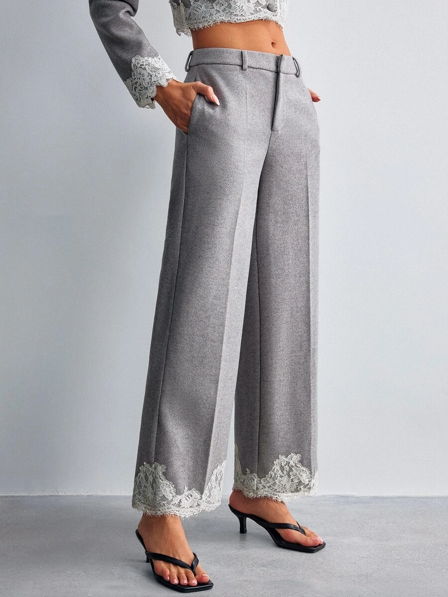 Willow Rêve Women's Gray Wool Blend Loose Straight Leg Pants With Lace Hem - Grey - View 1