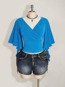 SHEIN ICON 女款純色重疊V領荷葉袖時尚T恤 - 藍色 - 查看 5