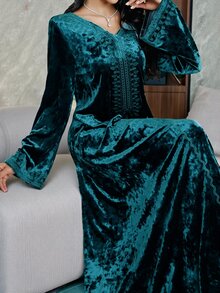 Al Najma 女款天鵝絨刺繡領阿拉伯式洋裝，秋季適用，Ninang 婚禮早晨晚宴洗禮賓客裝，珍珠飾面，端莊休閒優雅愛爾蘭風 - 綠色 - 查看 4