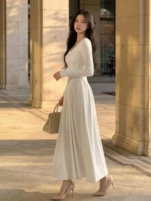 DAZY Women's Solid Color Pleated Casual Party Dress - Apricot - View 5