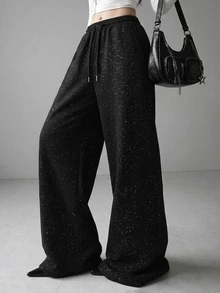 FRIFUL Women's Rhinestone Letter Pattern Drawstring Waist Casual Sweatpants - Black - View 4