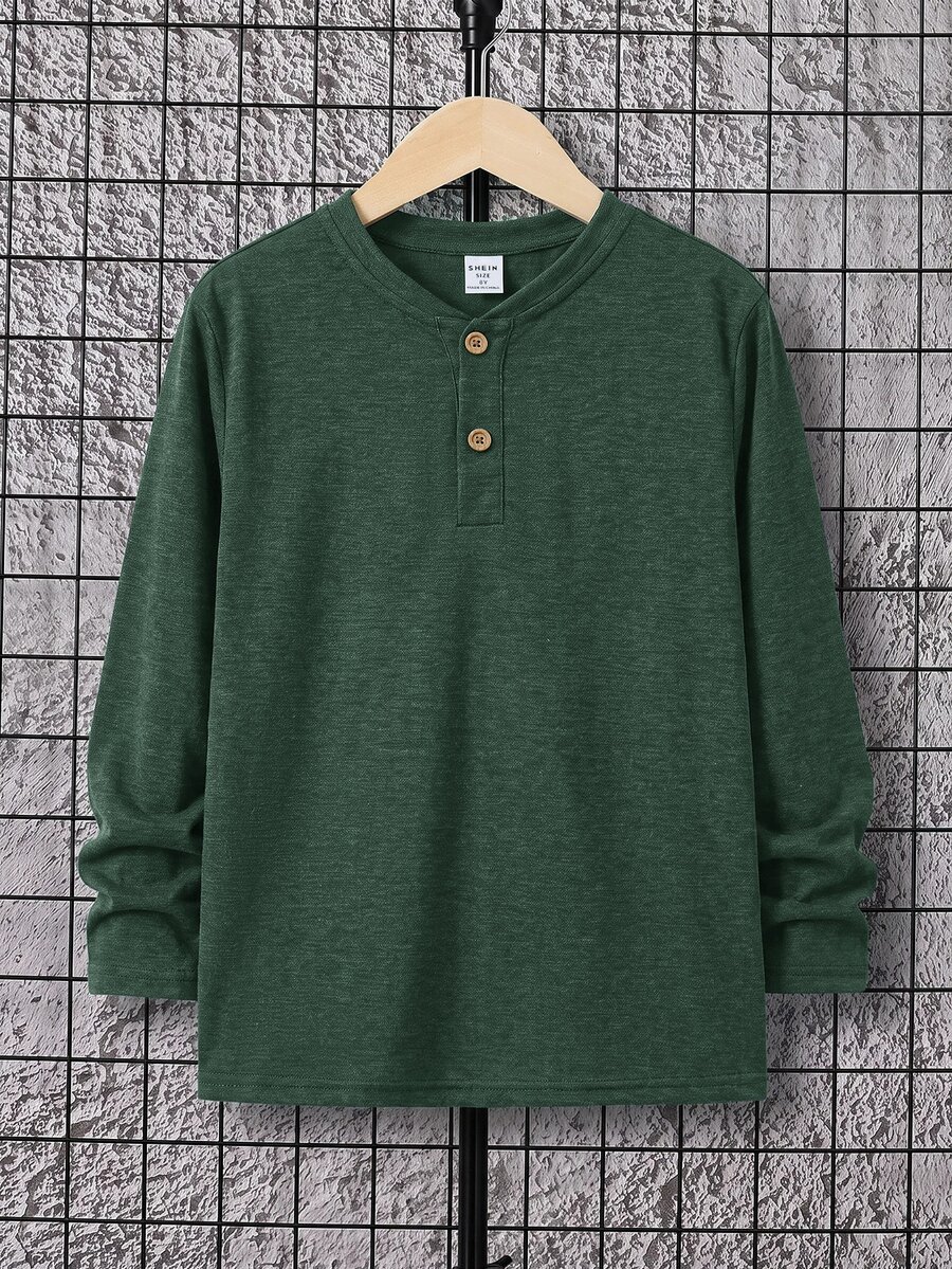 SHEIN 青少年男孩純色半門襟 Polo 長袖 T 恤 - 墨綠色 - 查看 1