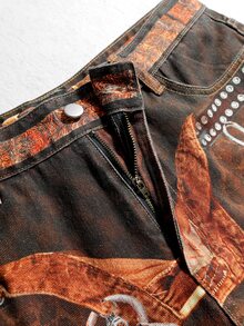 ROMWE MEN Street Life Casual Fashion Leopard Print Metal Chain Decor Versatile Men's Denim Jeans - Brown - View 4