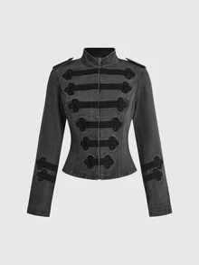 ROMWE Grunge Punk Street Punk New Chinese Style Frog Button Design Slim Fit Small Stand Collar Long Sleeve Women's Denim Jacket - Grey - View 1