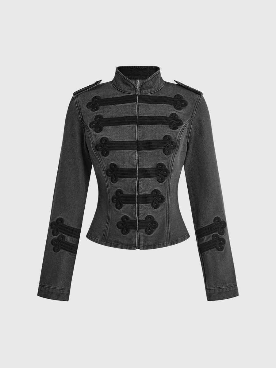 ROMWE Grunge Punk Street Punk New Chinese Style Frog Button Design Slim Fit Small Stand Collar Long Sleeve Women's Denim Jacket - Grey - View 1