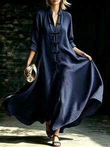 Linhara CURVE Women's Plus Size Autumn/Winter Navy Blue Stand Collar Frog Button Pure Cotton Long Dress - Navy Blue - View 4