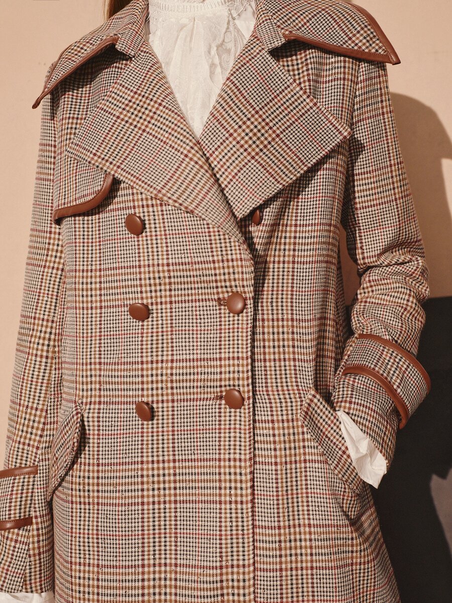 MOTF PREMIUM PLAID LONG ELEGANT TRENCH COAT WOMEN CLASSIC VERSATILE LOOSE FIT RETRO BRITISH STYLE JACKET - Khaki - View 2