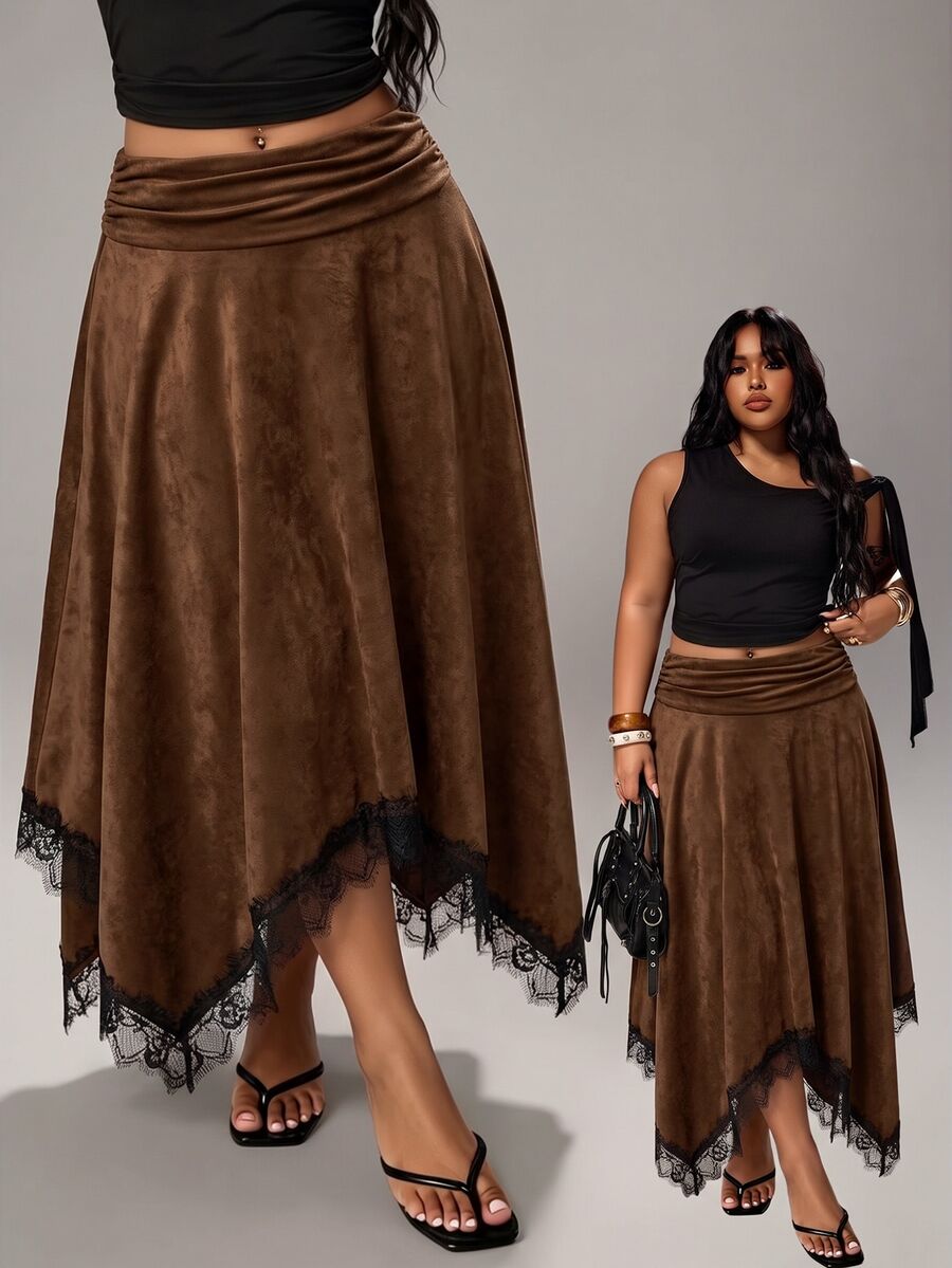 Rustia Hot Girl Style Caramel Brown Suede Lace Patchwork High Waist Flared Mid-Length Skirt - Brown - View 1