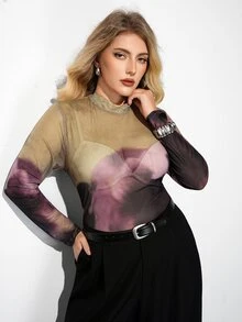 Maija Plus Size Women's High Neck Long Sleeve Tie-Dye Top - Multicolor - View 7