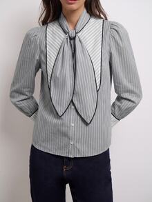 Nöista Women's Striped Ruffle Fashion Casual Long Sleeve Shirt - Blue - View 4