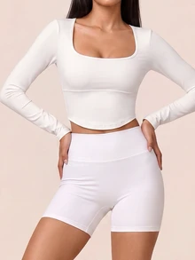 SHEIN BAE تي شيرت رياضي نسائي كاجوال أساسي مريح بظهر مكشوف وأكمام طويلة وياقة مربعة - أبيض - مشاهدة 3