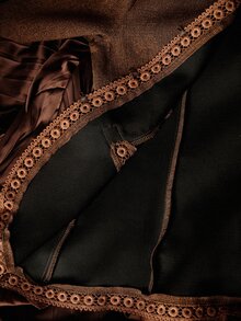 BELROSIE Women's Autumn/Winter Brown Round Neck Lace Trim Waist-Cinching Blazer - Brown - View 8