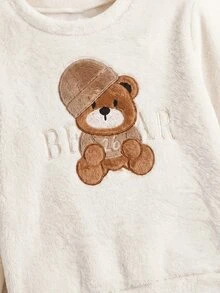 SHEIN 兒童小男孩冬季卡通刺繡可愛熊圖案圓領落肩長袖上衣與長褲 2件組 柔軟舒適雙層睡衣套裝 - 彩色 - 查看 6