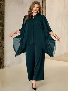 Roveilla طقم نسائي مقاس كبير بلون سادة للتنقل اليومي، توب بياقة صغيرة واقفة وأمام مفتوح وأكمام متطايرة وحافة غير متماثلة، مع بنطال طويل بخصر مطاطي، قطعتان - أخضر داكن - مشاهدة 3