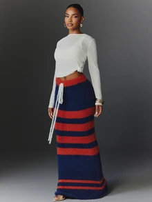 NYA SZN Knit Skirt Maxi Stripe Tie Front Athletic Holiday Festival Special Occasion Everyday Casual Work Concert Going Out Club Cozy Party Blue Fall Winter - Multicolor - View 4