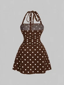 SHEIN MOD Polka Dot Pattern Women's Halter Neck Short Dress - Brown - View 2