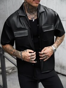 SLATEMANN 男士大尺碼黑色PU成熟休閒短袖襯衫 - 黑色 - 查看 7