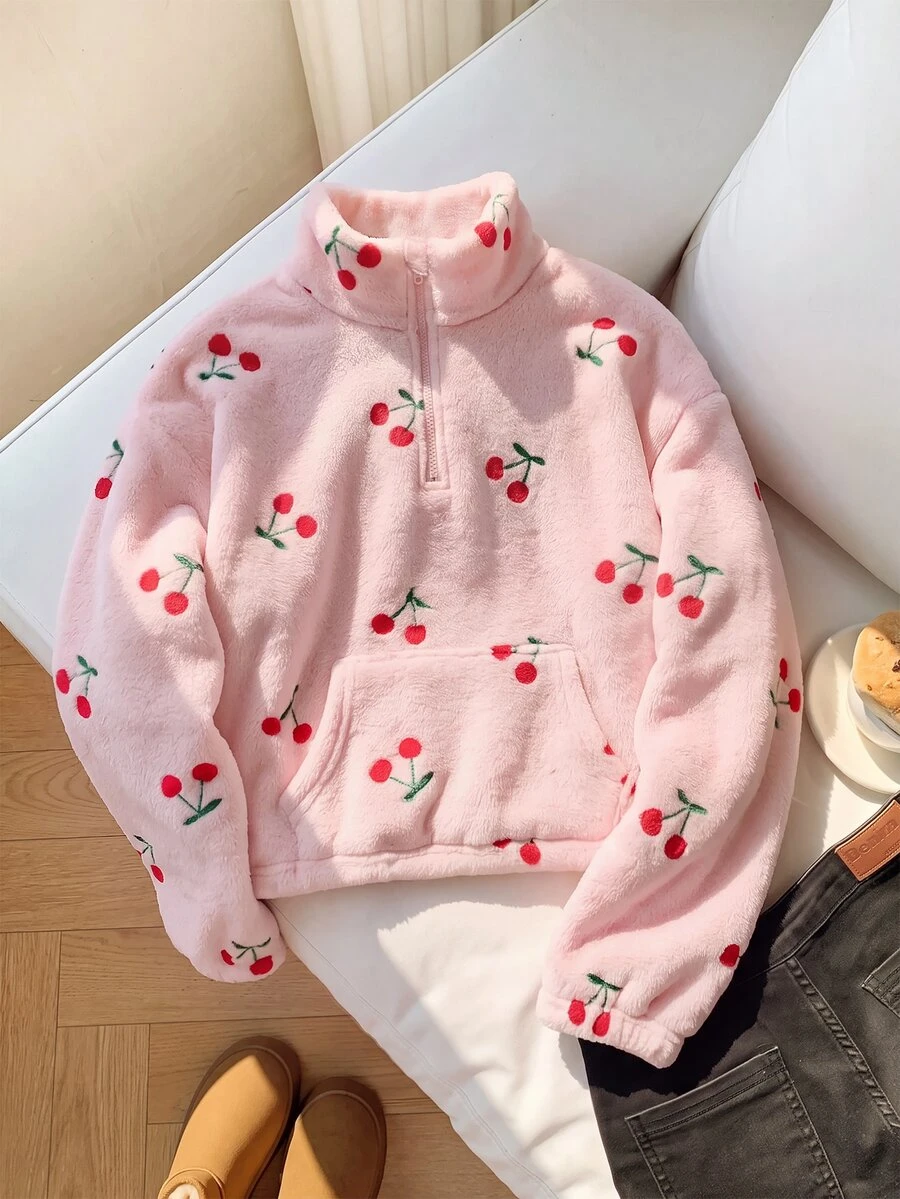 SHEIN Gadis Remaja Perempuan Jaket Rajut Pita Mewah Kerah Tegak Setengah Resleting Patchwork Longgar Kasual - Baby Pink - View 1