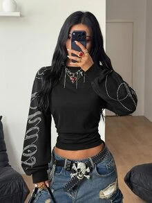 Coolane 女款秋冬 Y2K 性感街頭風哥德龐克復古 Rave 派對穿搭 亮銀亮片圖案收腰黑色運動衫 - 黑色 - 查看 4