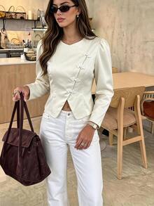 Serisse Áo khoác nữ thời trang thanh lịch tay dài cài cúc hình ếch cho kỳ nghỉ - trắng - Xem 7