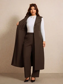 Elaquor 大尺碼女款出色長版大衣與休閒通勤西裝外套套裝，優雅辦公商務工作套裝，綠色，適合秋冬 - 咖啡棕 - 查看 7