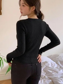 DAZY 女款夏季方領修身羅紋細肩帶背心 - 黑色 - 查看 4