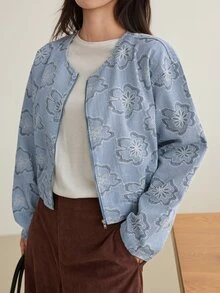 Dazy-Less Women's Floral Striped Long Sleeve Zipper Front Denim Jacket - Blue - View 4