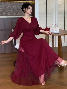 DAZY Women's Vintage Long V-Neck Mesh Dress - Burgundy - View 4