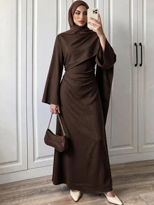 Elenzga Women's Autumn/Winter Fashion Casual Patchwork Design Ruched Waist Flare Sleeve Long Dress, Suitable For Daily Wear, Shopping And Dating - Brown - View 6