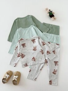 SHEIN Playful Pals 3套幼童男孩上衣褲子套裝 可愛鼠尾草綠灰色熊圖案 條紋羅紋長袖圓領 常規款 適合假日、秋季、日常穿著 - 綠色 - 查看 2