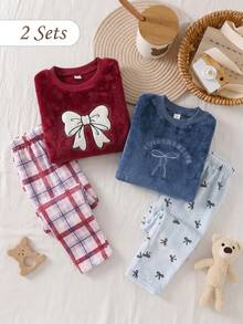 Genkimix Kids Girls' Plush Plaid Long Sleeve Top And Pants Casual Comfortable Soft 2 Pieces Lounge Wear Set Pajamas - Red - View 1