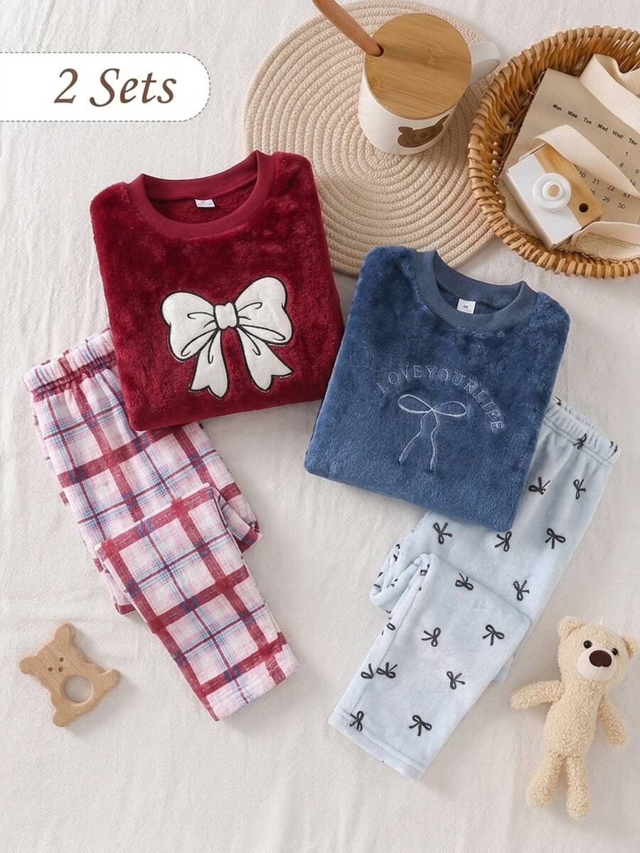 Genkimix Kids Girls' Plush Plaid Long Sleeve Top And Pants Casual Comfortable Soft 2 Pieces Lounge Wear Set Pajamas - Red - View 1