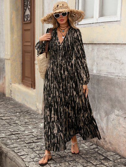 Brillora Women's V-Neck All-Over Print Casual Party Long Dress